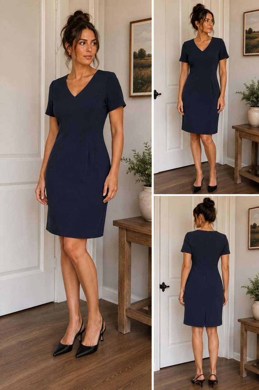 Villager A Liz Claiborne Company Women's Navy Blue V-Neck Short Sleeve Sheath Dr
